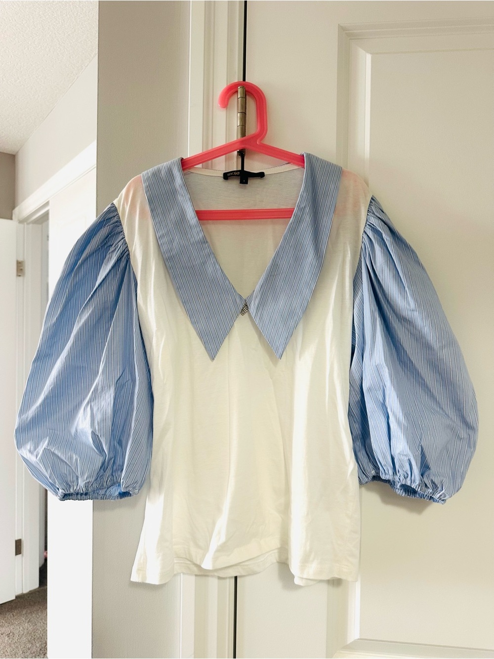 Maje Cream Top with Blue Striped Puff Sleeves and Blue Pointed Collar
